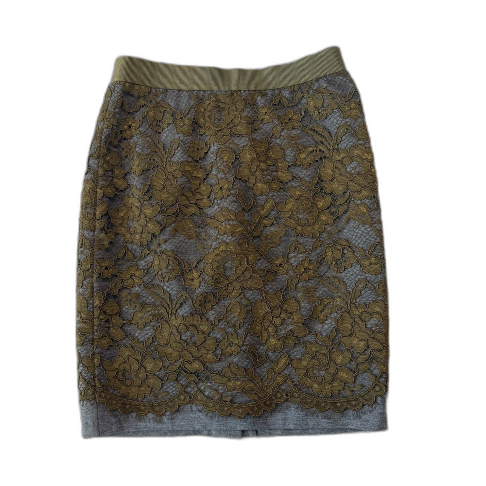LOFT Petites Green Lace Pencil Skirt Women's 00P Olive Gray Lined Scalloped